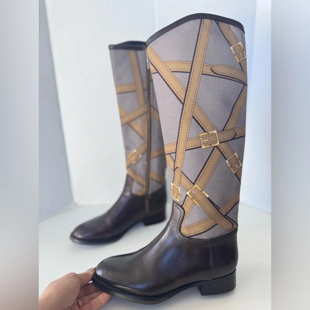 Tory Burch Felix Leather Canvas Tall Zip Equestrian Riding Boot Women’s Size 5